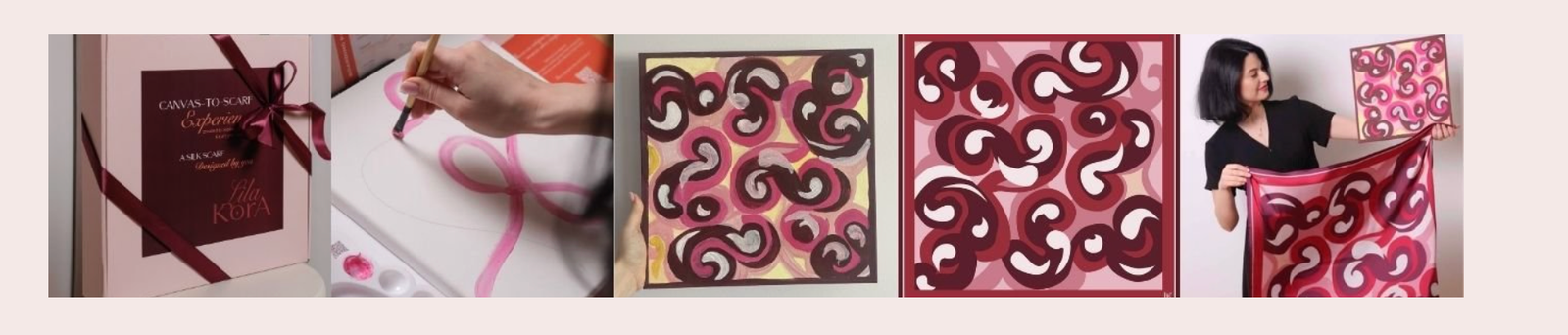 The Canvas-to-Scarf process shown through five images: Experience Box, painting, original canvas, refined digital artwork and finished scarf